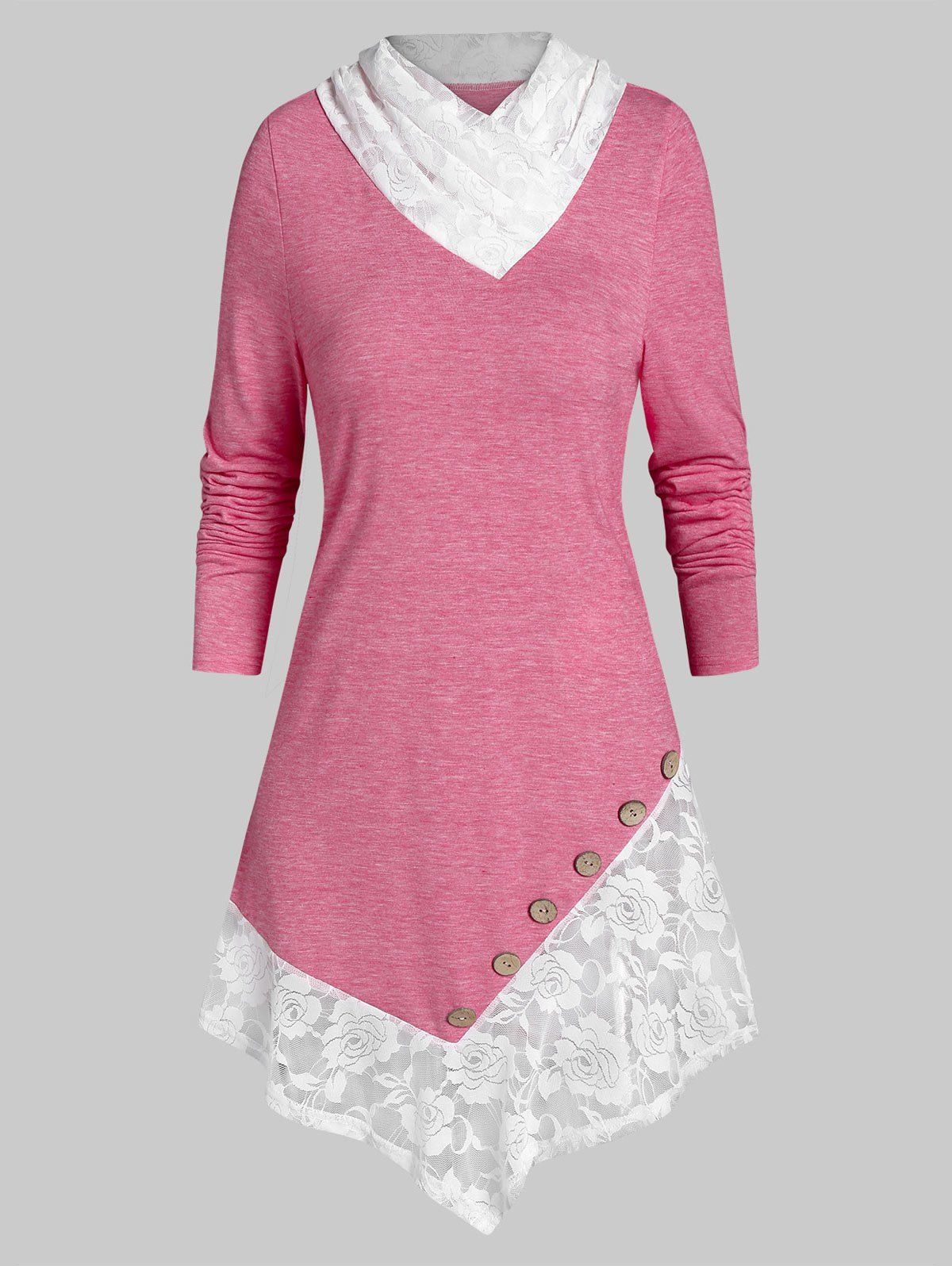

Lace Panel Button Marled T Shirt, Rose red