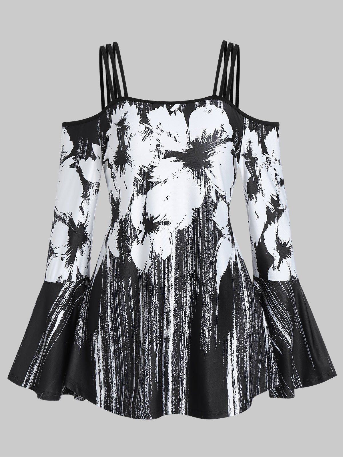 

Spaghetti Strap Open Shoulder Ditsy Print T Shirt, Black