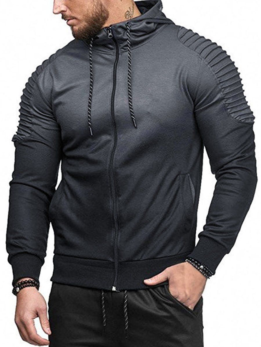 

Gradient Print Shoulder Pleated Sports Zip Hoodie, Dark gray