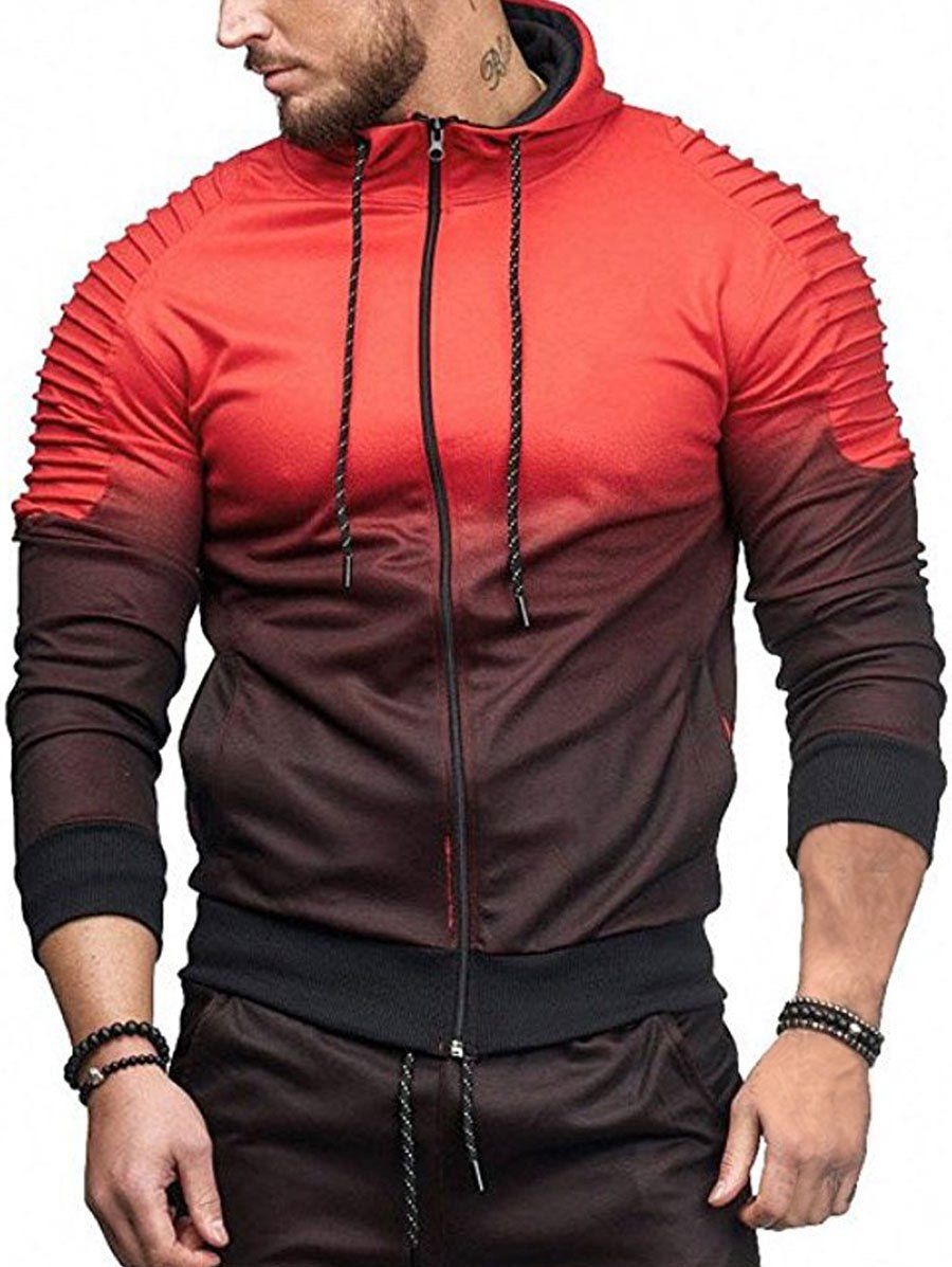 

Gradient Print Shoulder Pleated Sports Zip Hoodie, Red