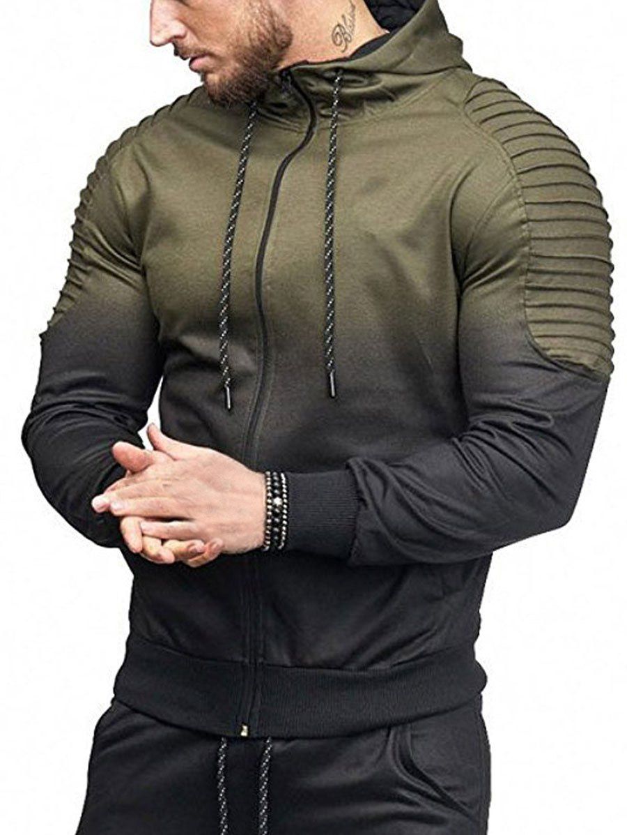

Gradient Print Shoulder Pleated Sports Zip Hoodie, Army green