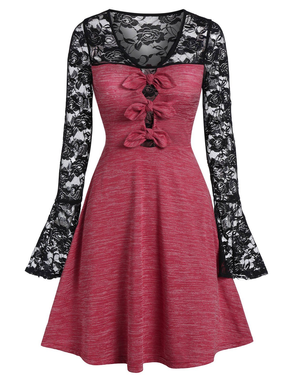 

Lace Insert Bowknot Space Dye Dress, Cherry red