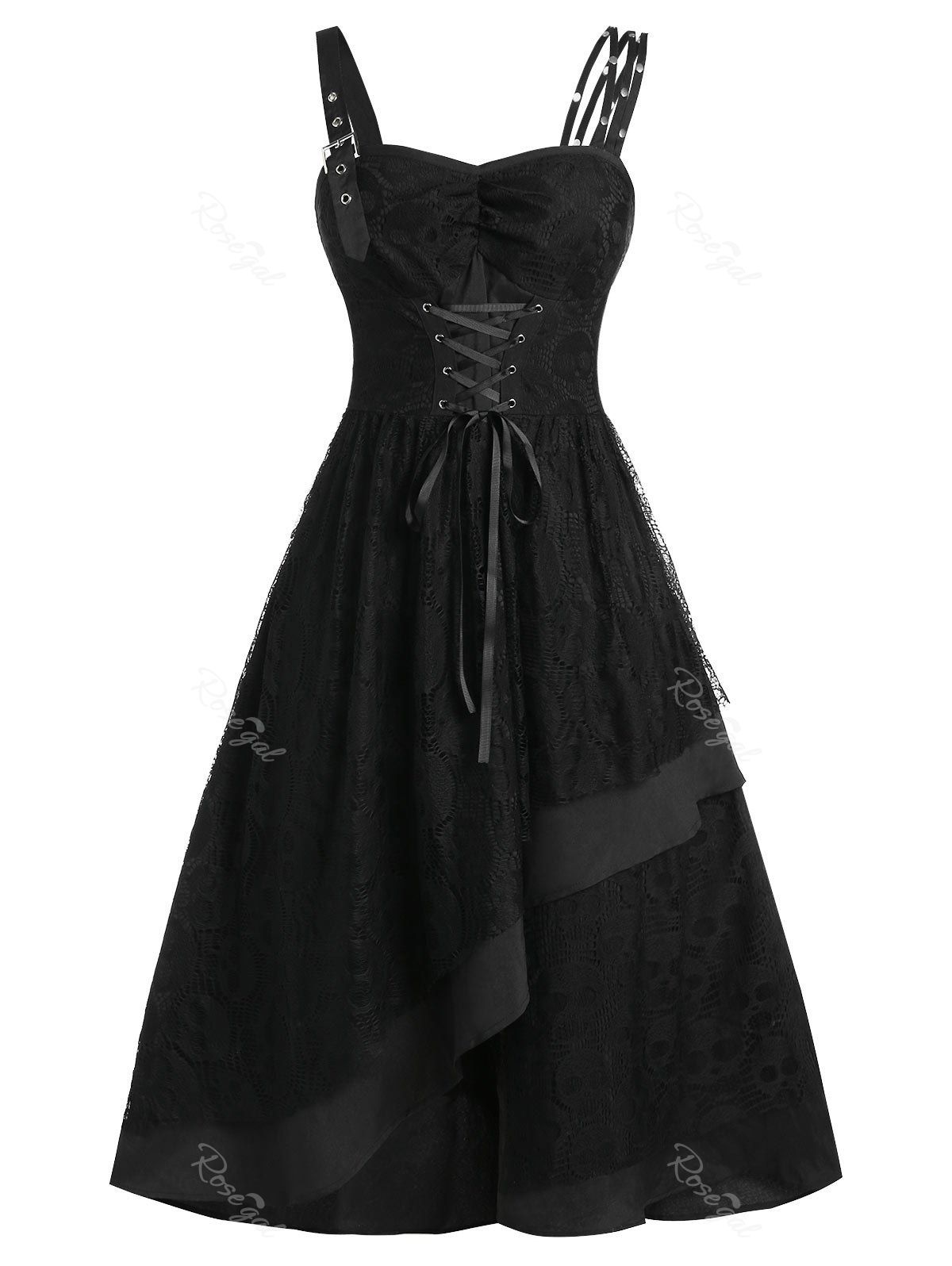 

Plus Size Lace Up A Line Zippered Dress, Black