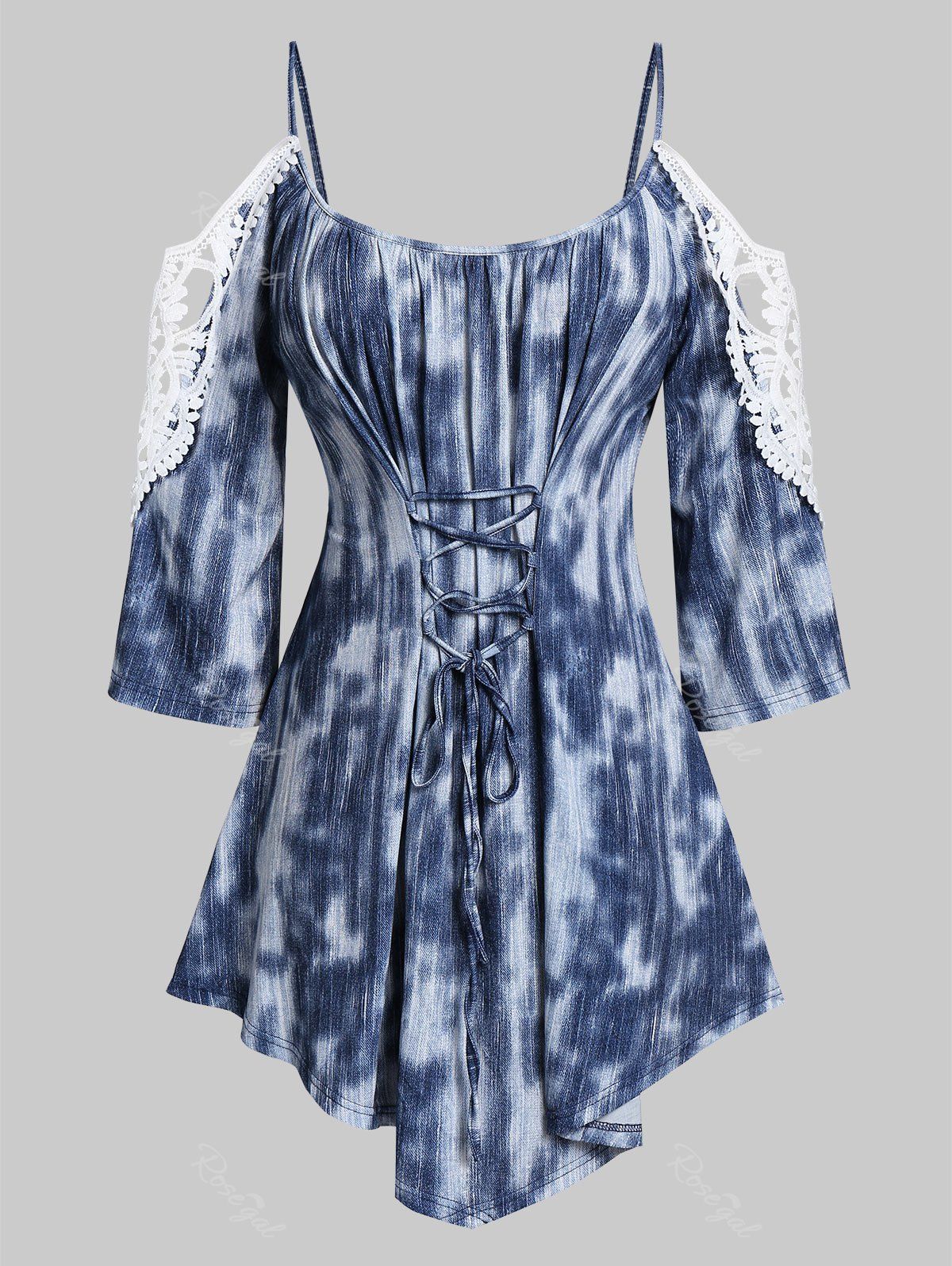 

Plus Size Tie Dye Lace Up Open Sholder Curved T Shirt, Denim dark blue