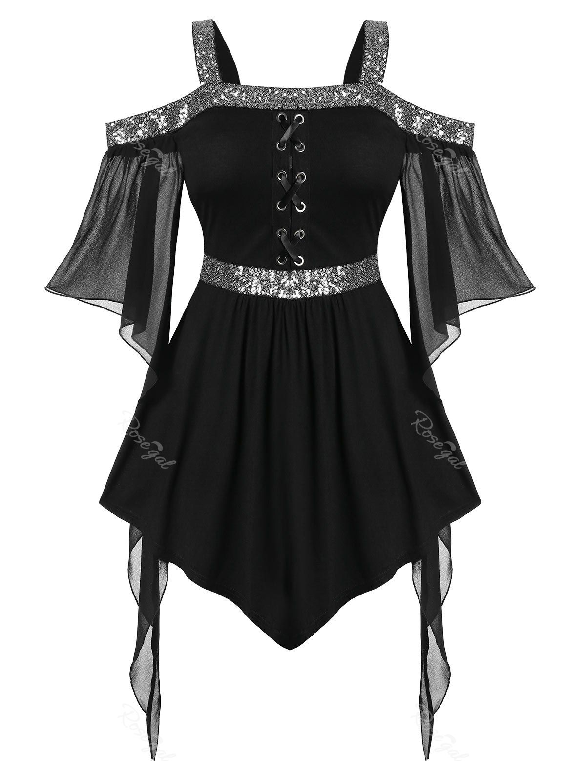

Plus Size Halloween Butterfly Sleeve Sequins Gothic T Shirt, Black