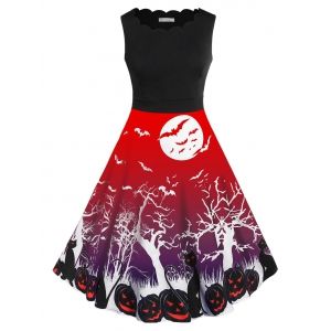 

Plus Size Retro Pumpkin Bat Print Halloween Dress, Red