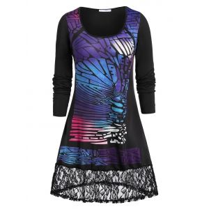 

Plus Size Ombre Butterfly Print Lace Insert Tunic T-shirt, Black