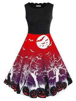 Robe d'Halloween Rétro à Imprimé Citrouille Chauve-souris de Grande Taille - RED - 1X