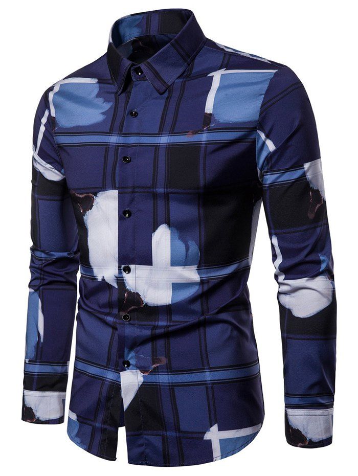 

Plaid Tie Dye Print Long Sleeves Shirt, Deep blue