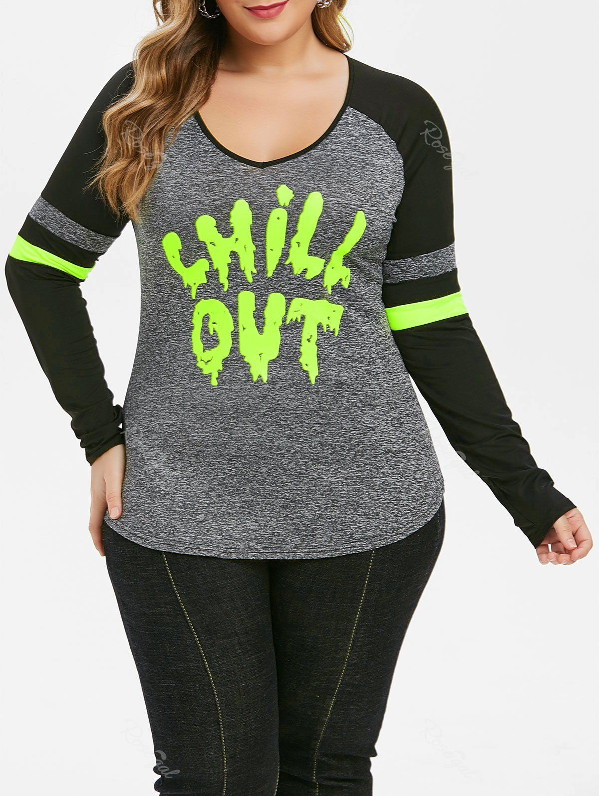 

Plus Size Neon Letter Marled Graphic Baseball Tee, Gray cloud