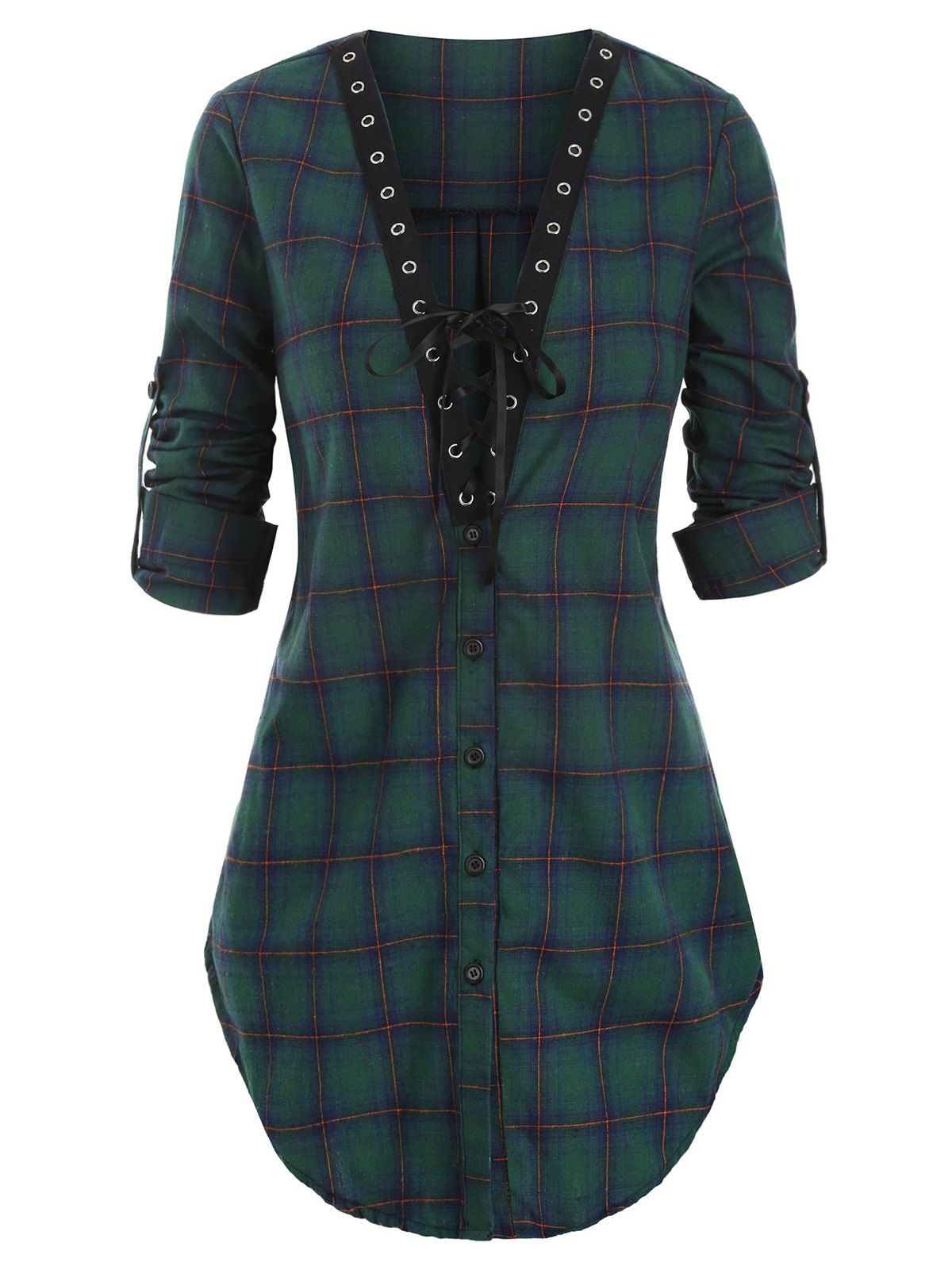 

Plaid Lace Up Slit Blouse, Medium sea green