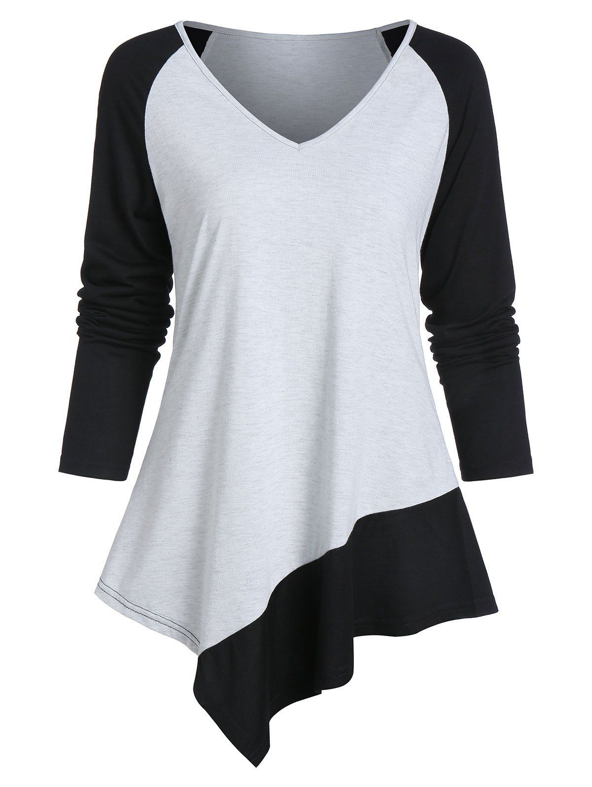 

Asymmetrical Two Tone Long Sleeve V Neck Tee, Black