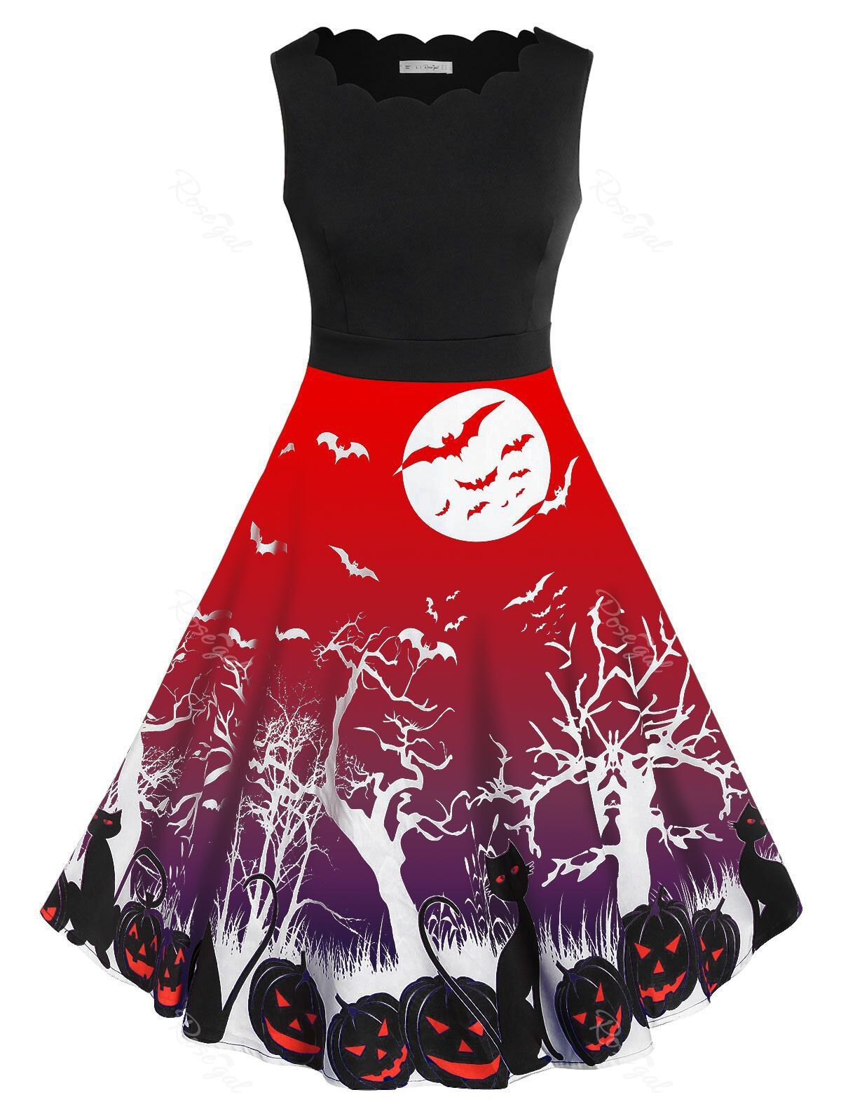 Latest Plus Size Retro Pumpkin Bat Print Halloween Dress  