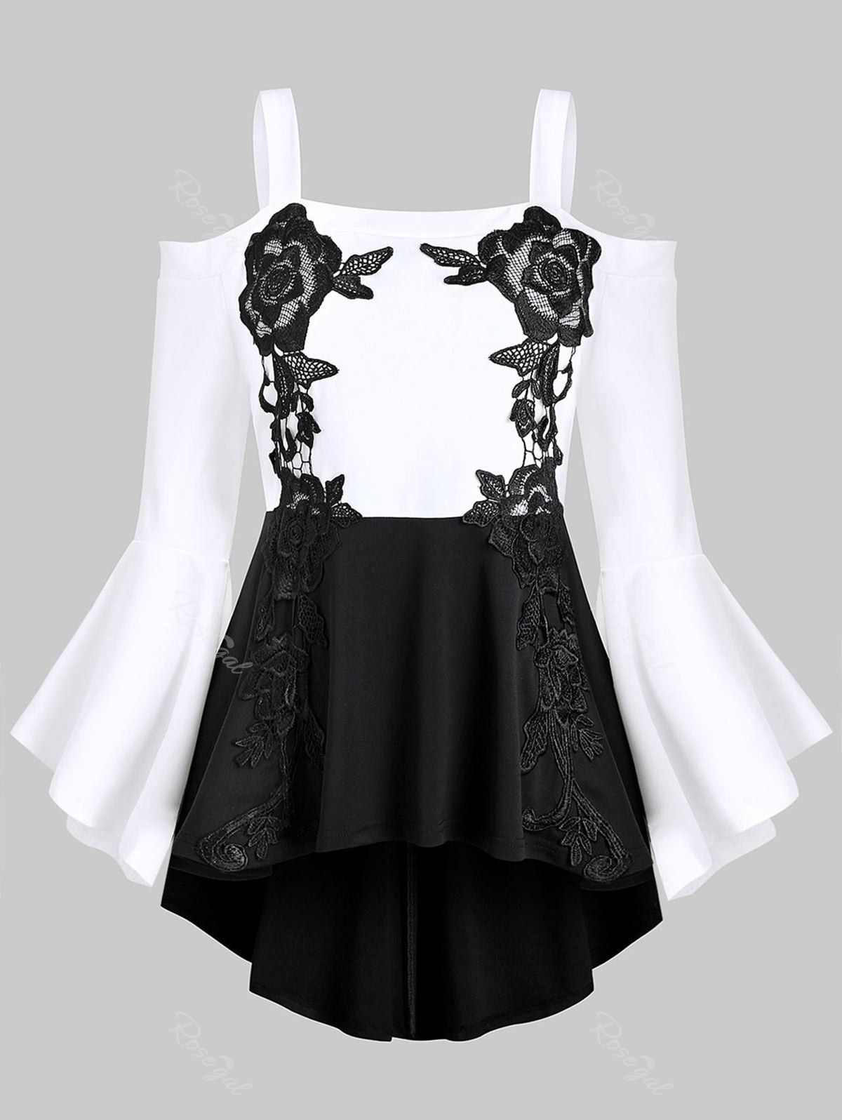 

Plus Size Embroidered Color Block High Low Peplum Top, Black