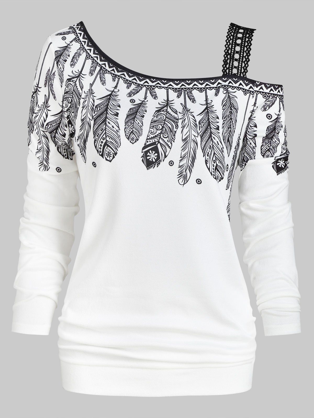 

Guipure Panel Feather Print Skew Neck Sweatshirt, White