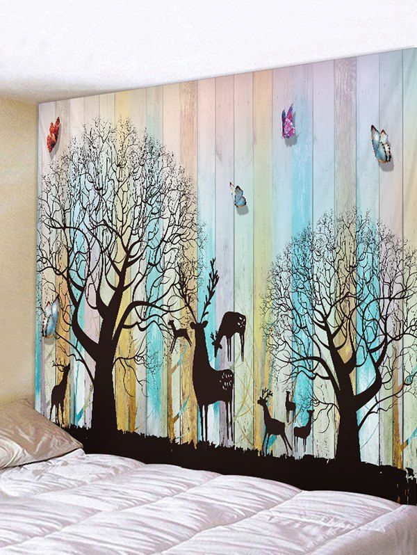 Wooden Board Tree Animals Print Tapestry Wall Hanging Art Decoration