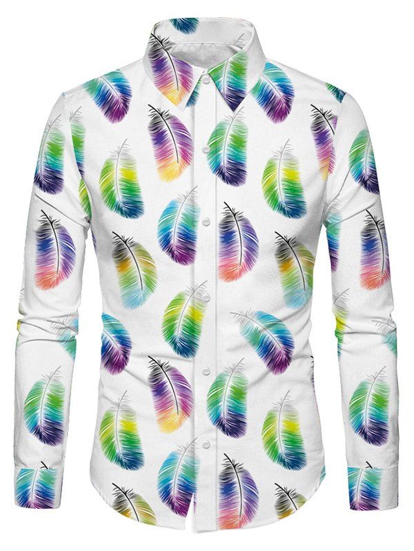

Casual Feather Print Long Sleeves Shirt, White