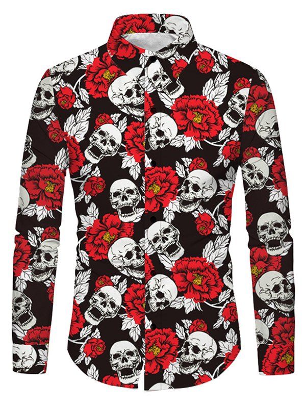 

Skulls Flower Print Long Sleeves Shirt, Black