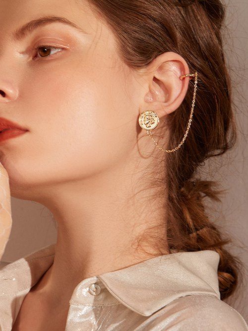 

Coin Design Alloy Chain Clip Earrings, Gold