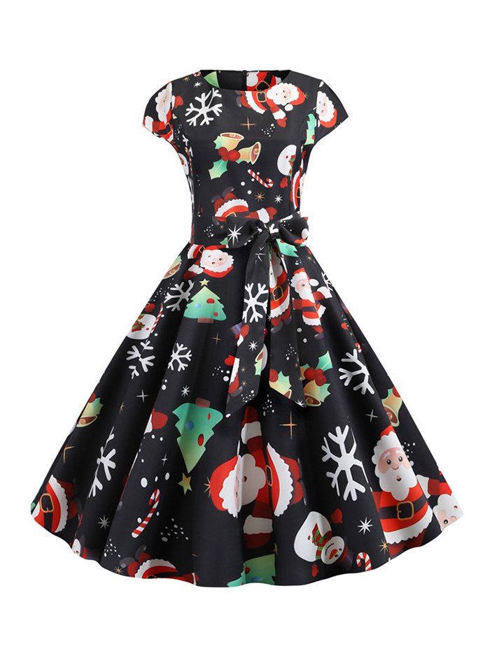 

Santa Claus Snowman Belted Christmas Cap Sleeves Dress, Black