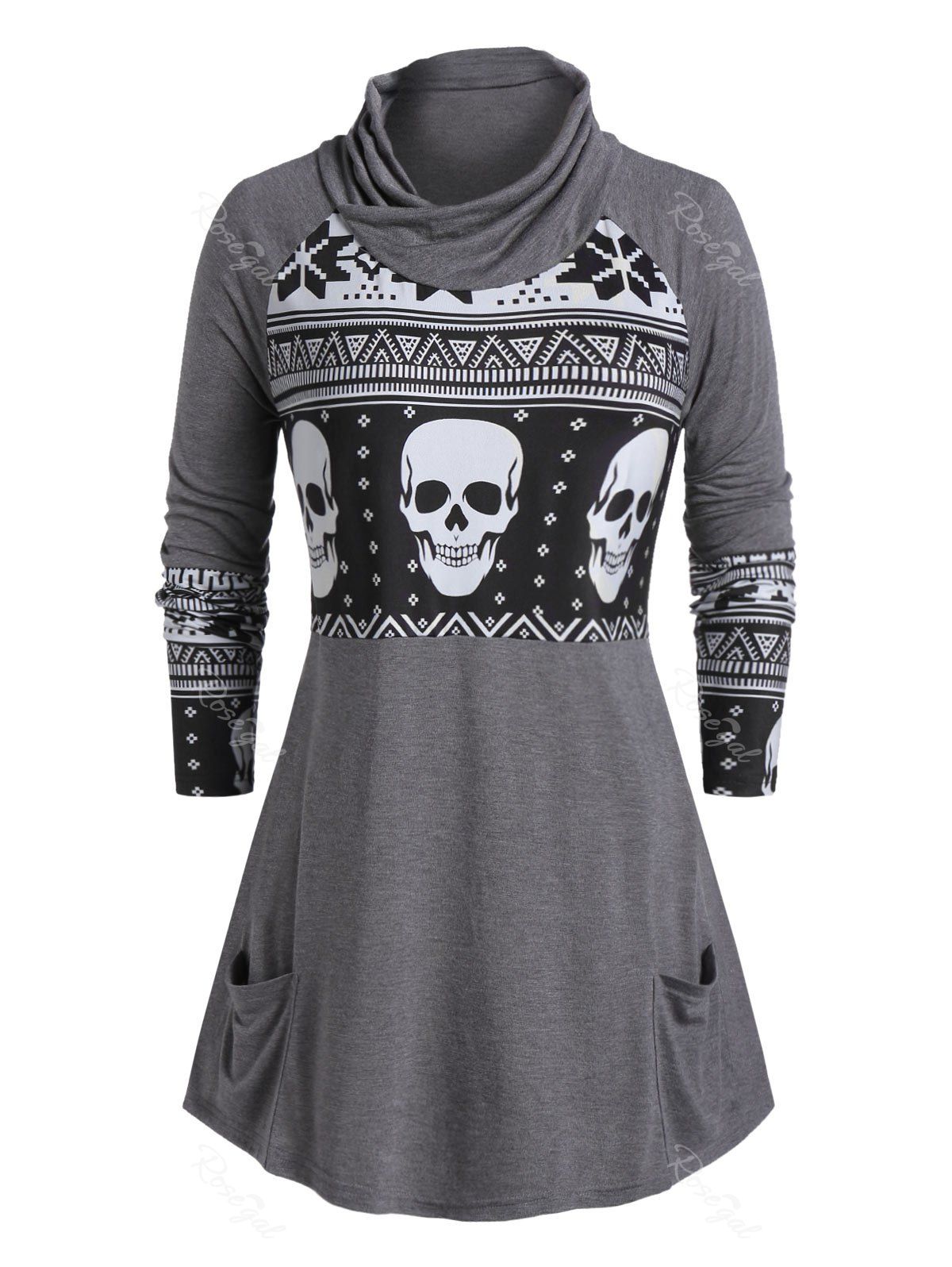 

Plus Size Halloween Cowl Neck Skull Print T-shirt, Carbon gray