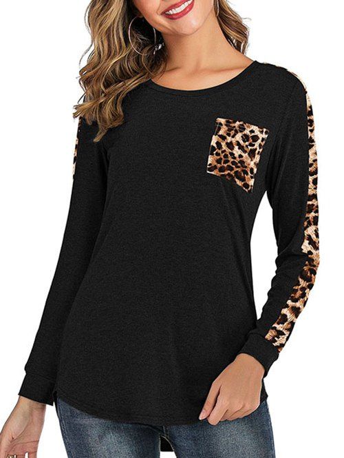 

Leopard Print Round Neck Pocket Tee, Black