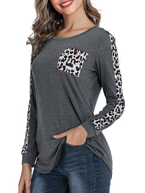 

Leopard Print Round Neck Pocket Tee, Gray