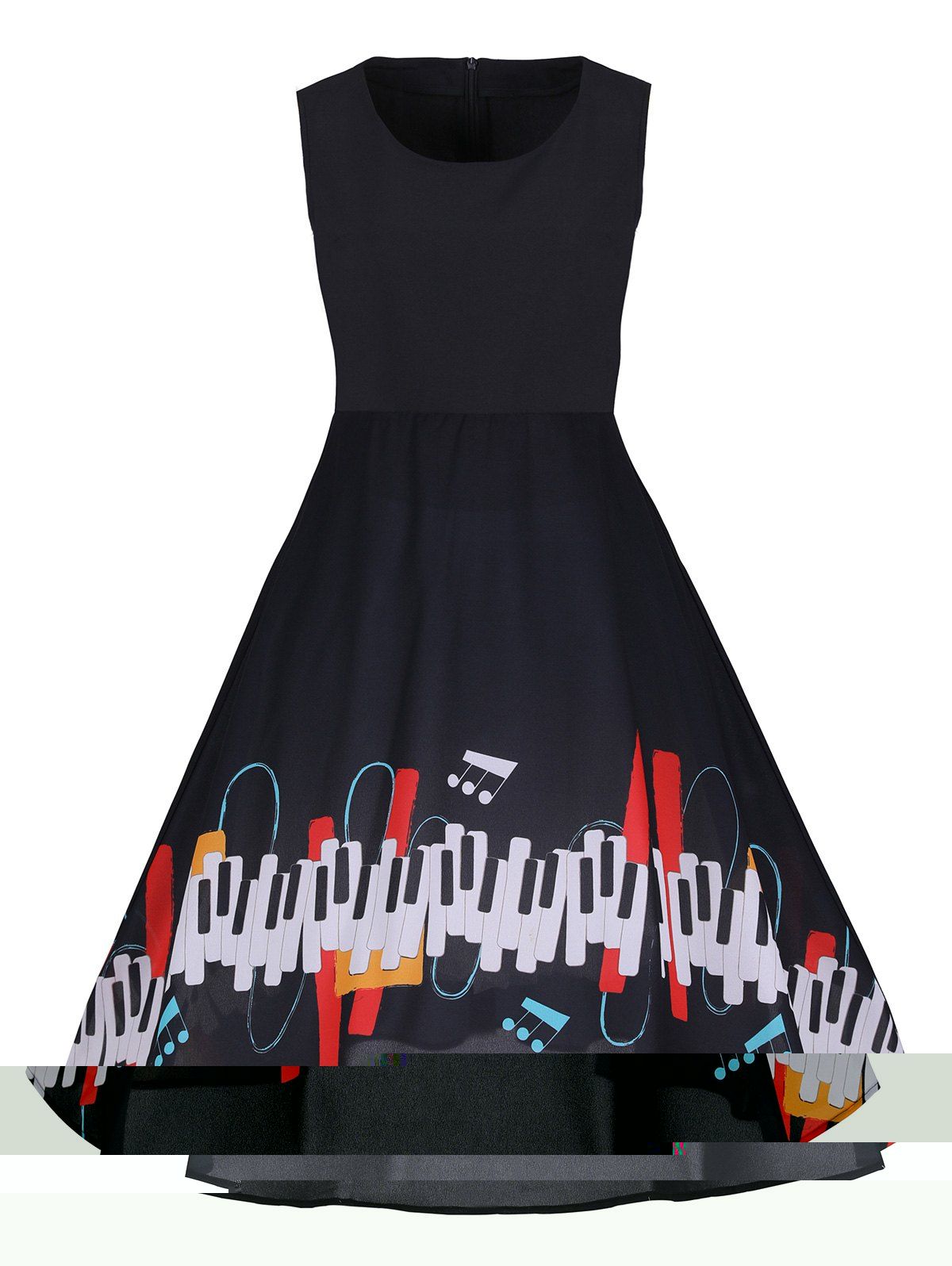 

Piano Key Print Vintage Sleeveless Knee Length Dress, Black