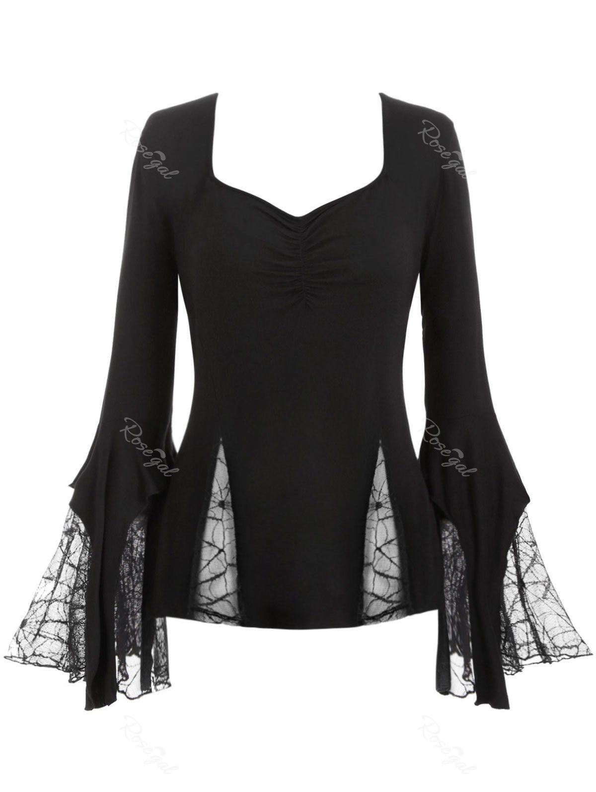 

Plus Size Flare Sleeve Spider Web Lace Gothic Halloween T-shirt, Black
