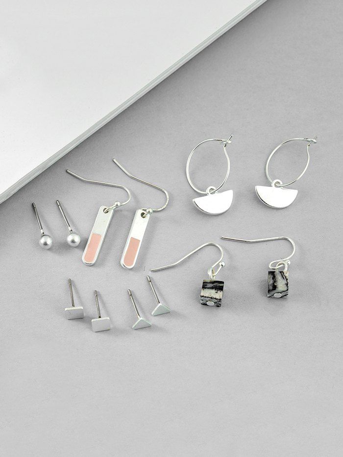 

6Pairs Geometric Brief Stone Earrings Set, Silver
