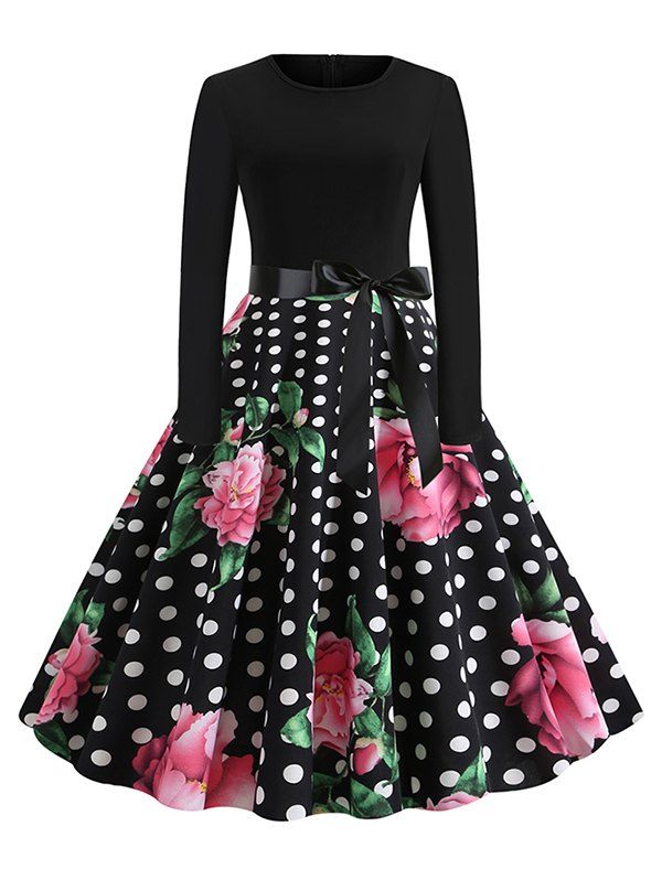 

Floral Leaves Print Dotted Belted Vintage Dress, Multi-a