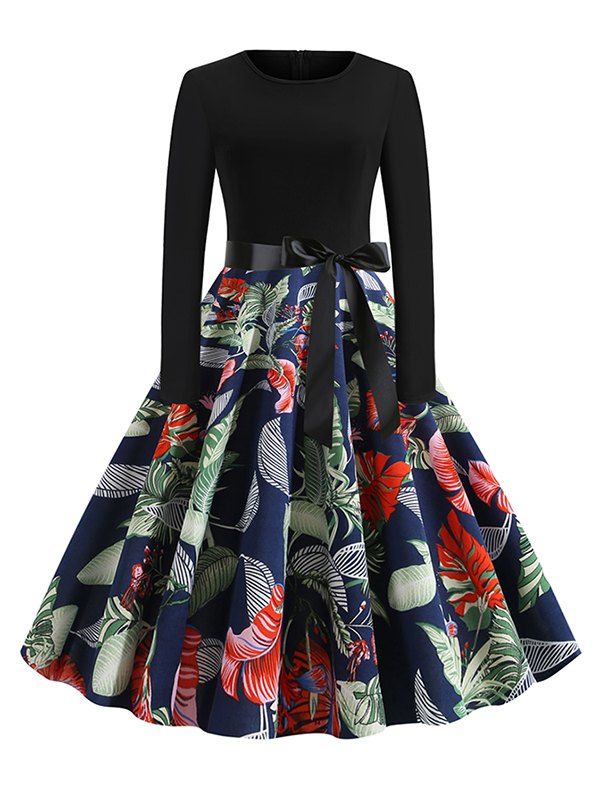 

Floral Leaves Print Dotted Belted Vintage Dress, Multi-b