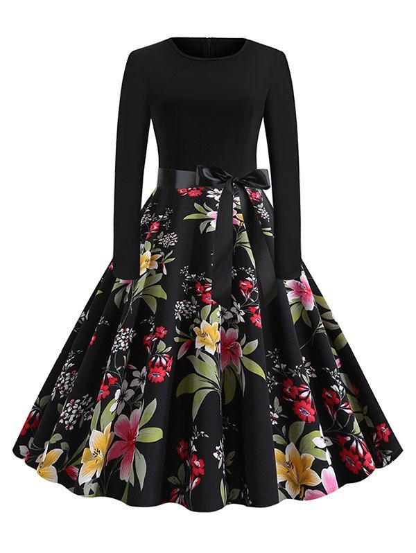 

Floral Leaves Print Dotted Belted Vintage Dress, Multi-c