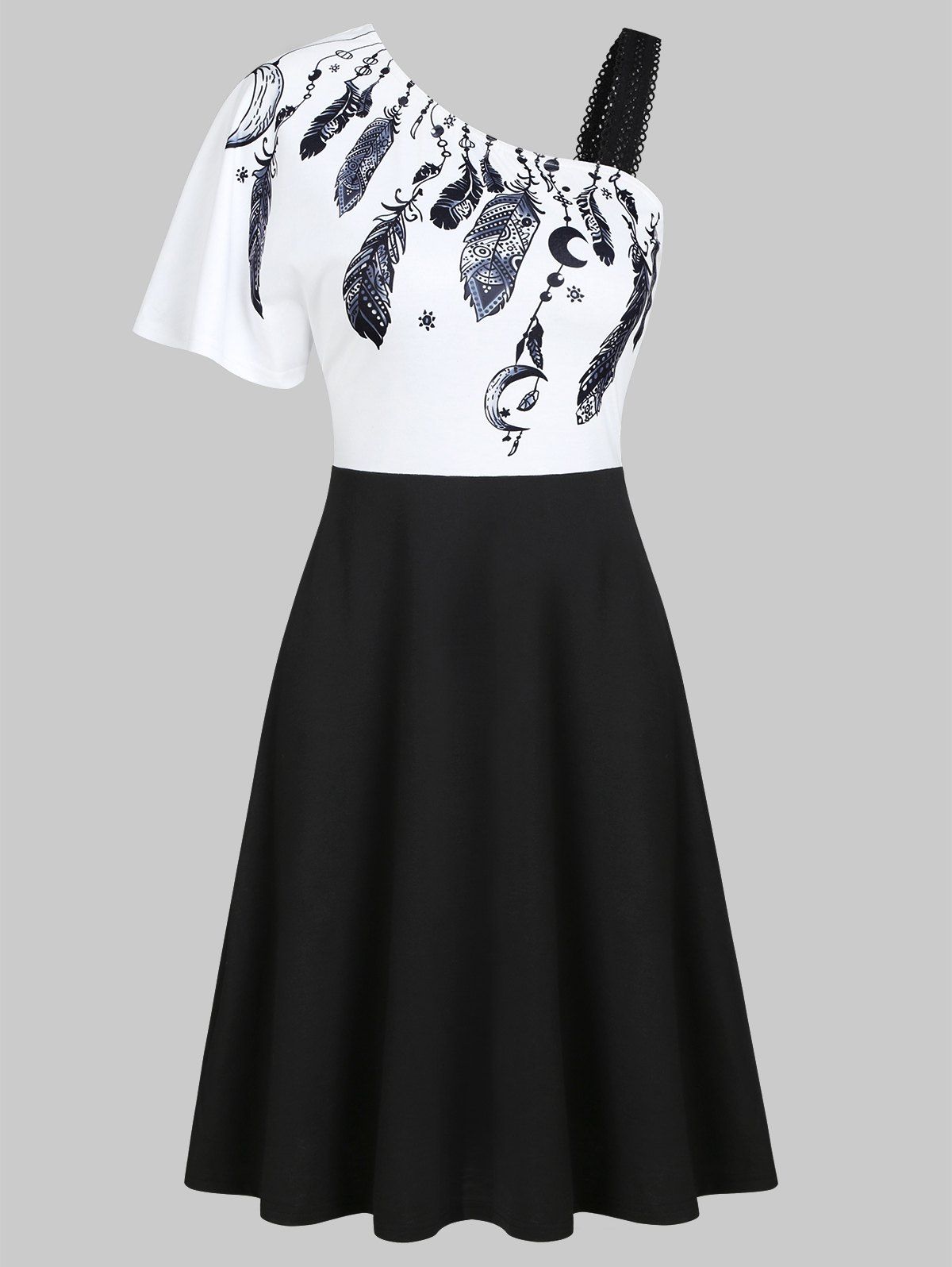 

Feather Print One Shoulder A Line Dress, Black