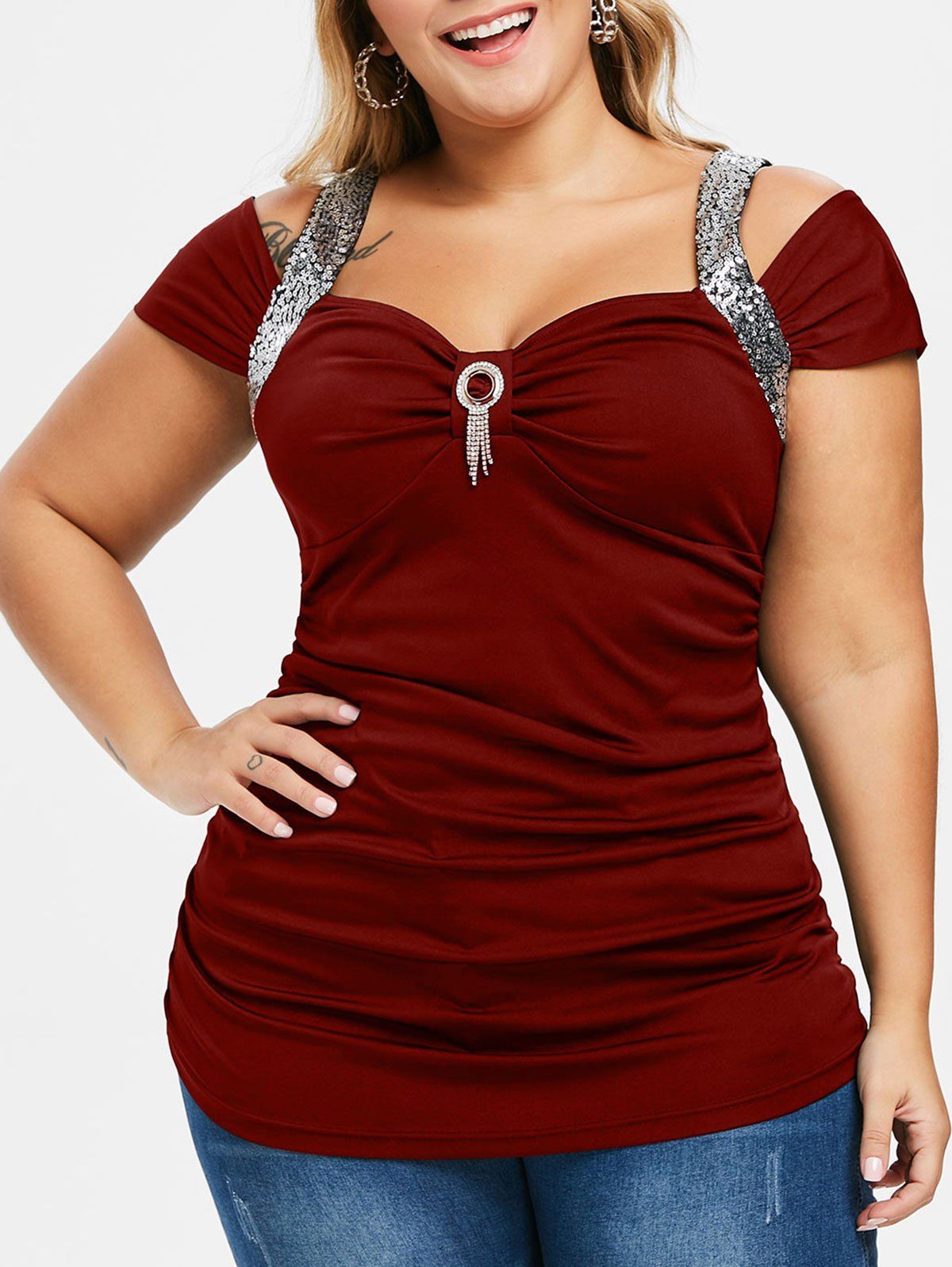 

Plus Size Glitter Open Shoulder T Shirt, Red wine