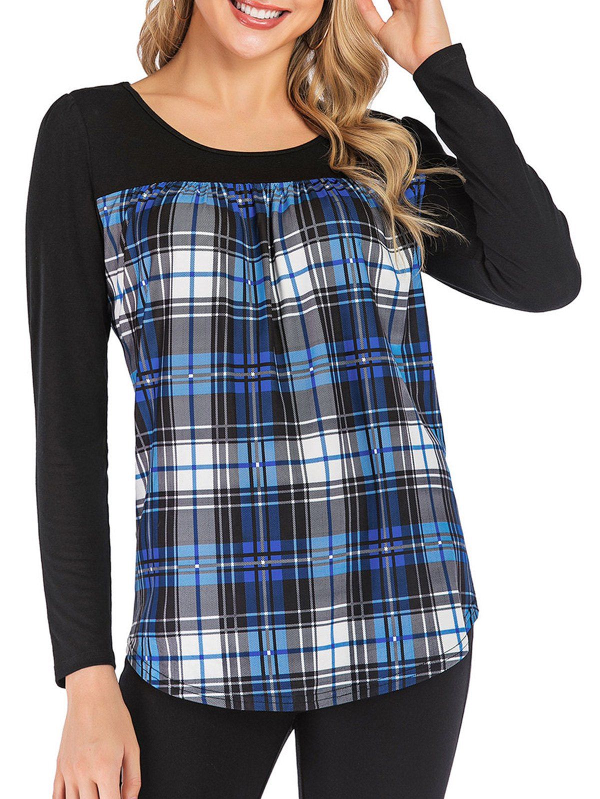 

Plaid Curved Hem Long Sleeves Tee, Blue