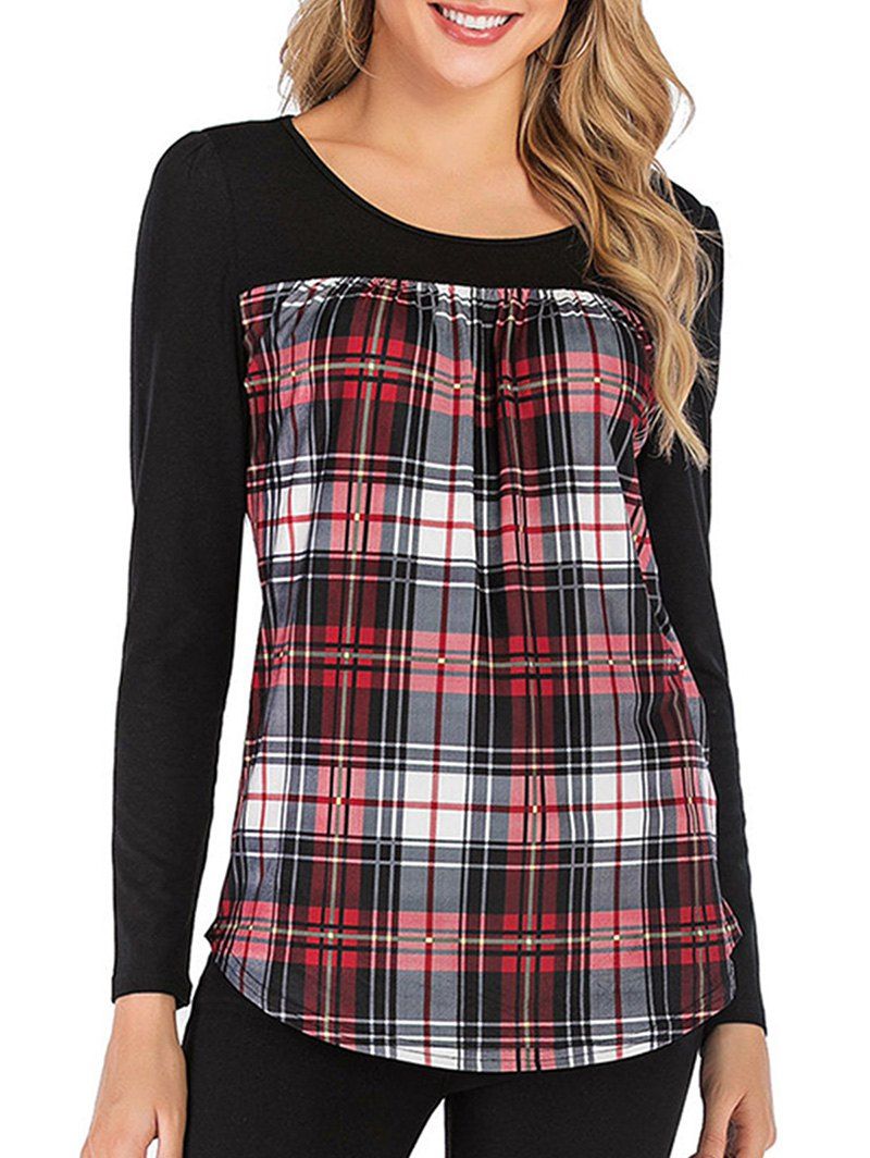 

Plaid Curved Hem Long Sleeves Tee, Red wine