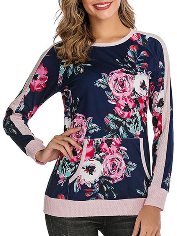 

Floral Print Front Pocket Raglan Sleeves Tee, Pink