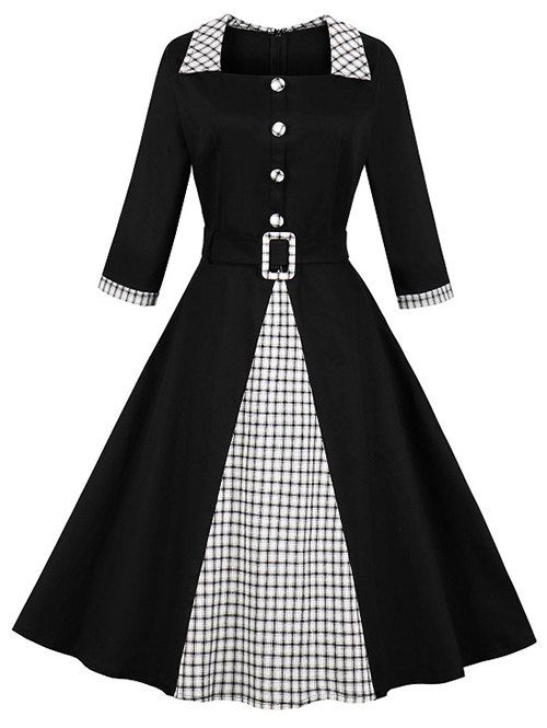 

Vintage Plaid Print Mock Button Knee Length Belted Dress, Black