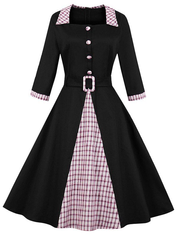 

Vintage Plaid Print Mock Button Knee Length Belted Dress, Pink