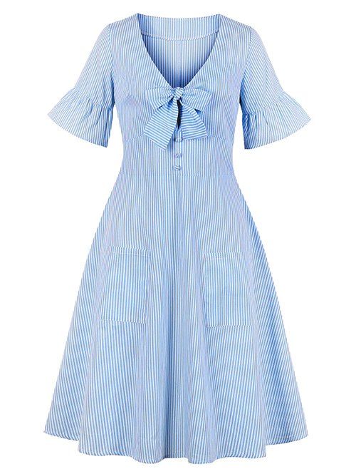 

Striped Print Bowknot Poet Sleeve Mock Button Double Pocket Dress, Light blue