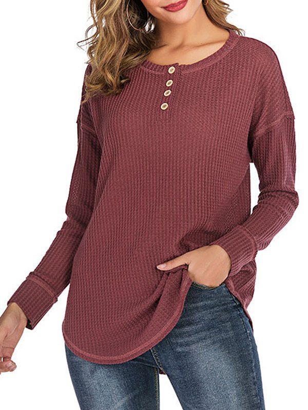 

Buttoned Curved Hem Solid Tee, Tulip pink