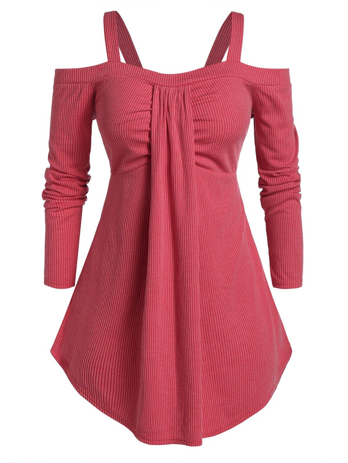 

Plus Size Open Shoulder Solid Square Collar T Shirt, Chestnut red