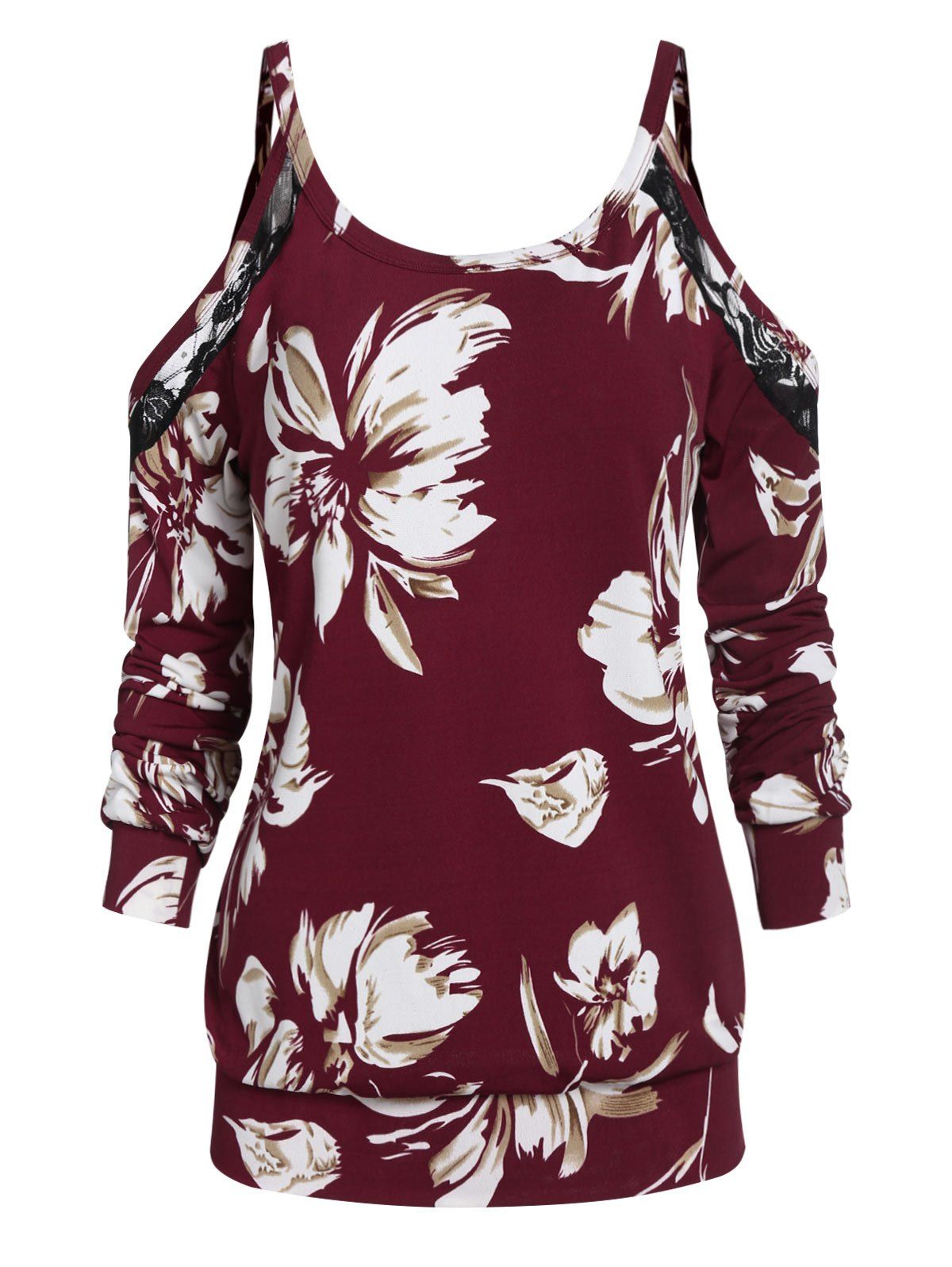 

Cold Shoulder Floral Print Scoop Neck T Shirt, Red wine
