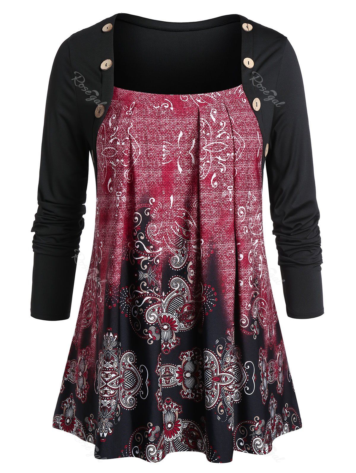 

Plus Size Button Floral Print Square Neck T Shirt, Black