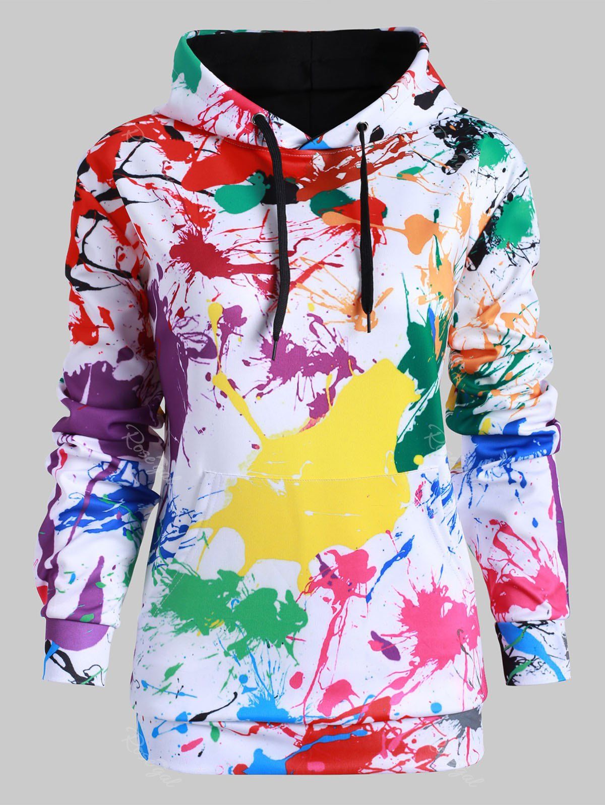 

Drawstring Front Pocket Rainbow Paint Splatter Plus Size Hoodie, Multi-a