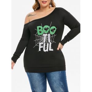 

Plus Size Printed Skew Neck Graphic Halloween Sweatshirt, Black