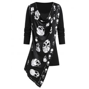 

Plus Size Skull Print Cowl Collar Asymmetric T Shirt, Black