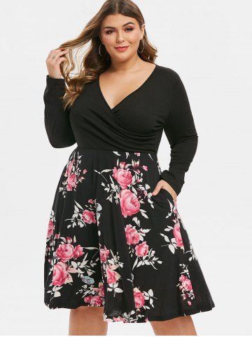 

Long Sleeve Seam Pockets Floral Surplice Plus Size Dress, Pink