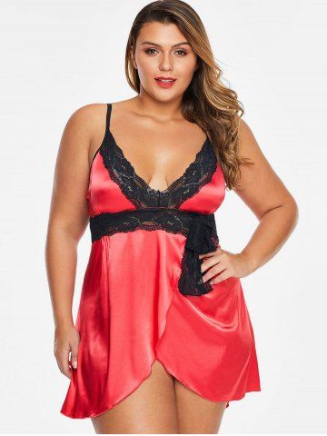 

Bowknot Overlap Lace Panel Satin T Back Plus Size Babydoll, Red